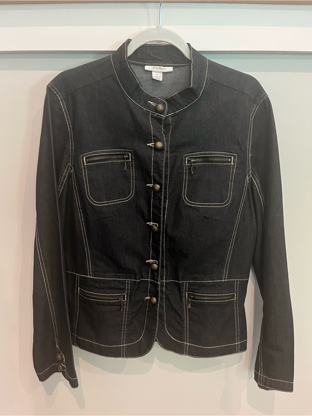Dressbarn Black Denim Jacket with Contrast Stitching